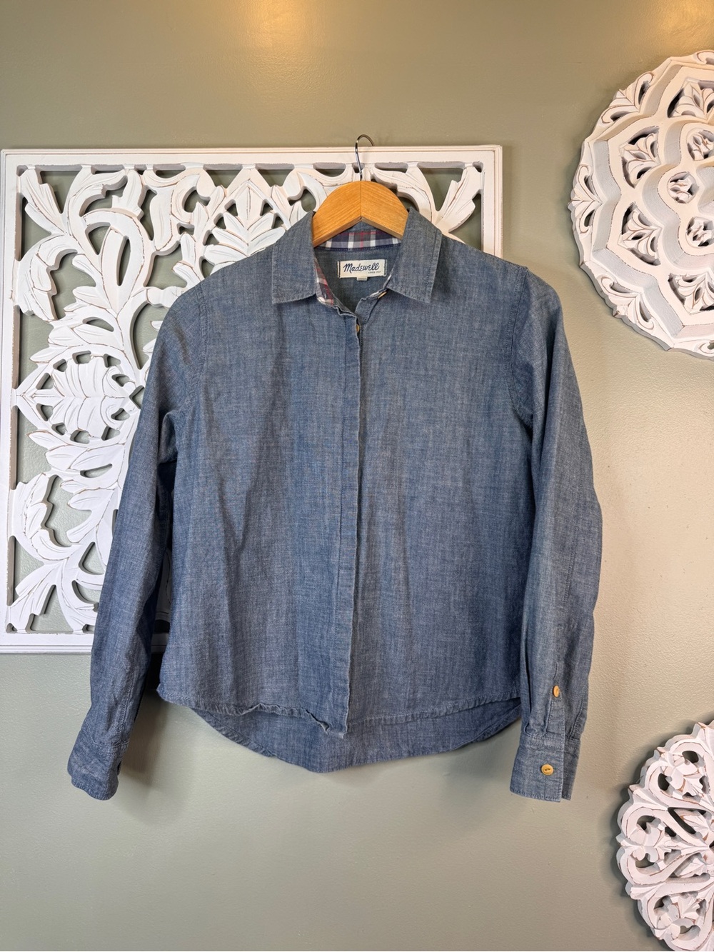 Madewell Chambray Crop Shirt Blue Plaid Trim Button Down Size S
